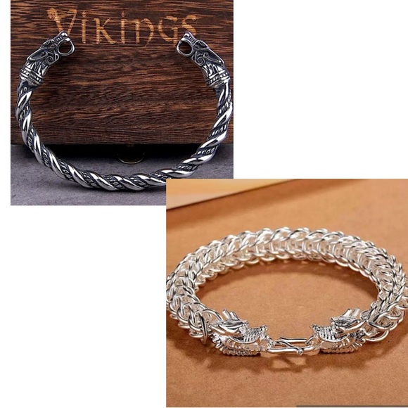 Silver Dragon Bracelet Bangle Set Viking Game of Thrones Party Event Sword - Picture 1 of 9